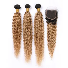 Ljusbrunt ombre mänskligt hår stängning med buntar # 1b 27 honung blondin ombre kinky curly malaysiska jungfru hår vävdes 3bundles med stängning