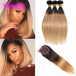 Brazilian Virgin Hair Extensions 3 Bundles With 4X4 Lace Closure Straight Human Hair 4 Pieces/lot 1B 27 Ombre Hair Extensions 1B/27