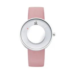 SHENGKE Quartz Movement Ladies Wristwatch Women Quartz Watches Leather Strap Creative Mirror Glass Analog Dial 001 Pink Blue Watchband