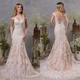 Elegant Mermaid Wedding Dresses Full Lace Appliqued Sheer Jewel Neck Cap Sleeve Wedding Dress Bridal Gowns Custom Made