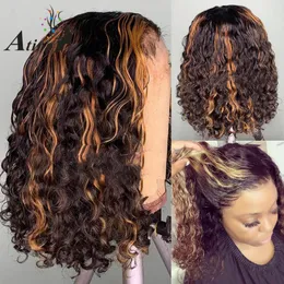 Curly Short Bob Wig 13x6 Deep Lace Front Human Hair Wigs Highlight 4*4 Closure Wig Colored Ombre Brown Honey Blonde HD 150% Remy