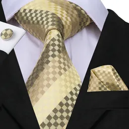 HI-TIE Noveity Silk Men Tie Set Green Yellow Plaid Necktie Hanky Cufflinks Set Luxury Quality Fashion Men's Party Wedding Tie Set N-3088
