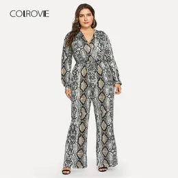 Colrovie Plus Size Auto Gravata Serpente de Impressão Casual Macacão Roupas Femininas 2018 Inverno Manga Longa Senhoras de Escritório Com Cinto Macacões Y19060501