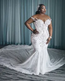 Plus Size Wedding Dress vestido de novia African Crystal Mermaid Bride Dresses with Long Train Sheer Neck Custom Made Bridal Gowns238z