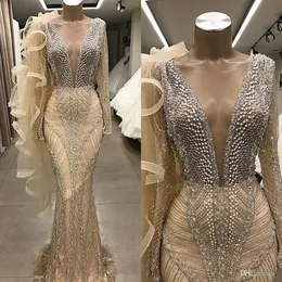 Perły Syrenka Frezowanie Prom Dresses Z Długim Rękawem Szampan Sheer Deep V Neck Party Suknie tureckie Vestidos Tanie Sukienka Formalna Wieczór