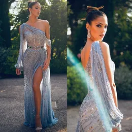 Shiny Sexy Mermaid Prom Dresses High Side Split Major Beading One Shoulder Beads Mermaid Evening Gowns Illusion Long Sleeves Party Dress