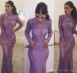 2019 New Arrival Lavender Long Sleeves Evening Dress Appliques Lace Illusion Formal Holiday Wear Prom Party Gown Custom Made Plus Size