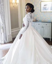 Afrikanische Langarm Stehkragen Muslimische Brautkleider Plus Size Spitze Applikationen Satin A-Linie Hochzeit Perlen Brautkleider B102
