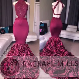 Burgundy Mermaid Long Prom Dresses 2019 African Lace Applique Open Back Sequins Ruffled Sweep Train Arabic Evening Party Gowns