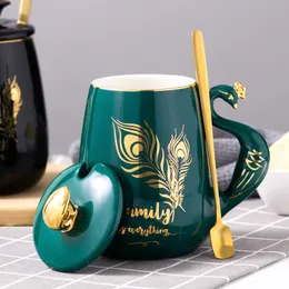 1 Set New Peacock Cup with Spoon Lid Travel Coffee Mug Water Bottle 450ml Friend Birthday Valentine's Day Gift250z