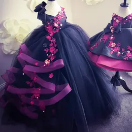 Czarne Koronki Kryształy Kwiat Girl Sukienki Tulle Balowa Suknia Mała Dziewczynka Wedding Party Suknie Vintage Korant Suknie Custom Size