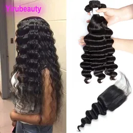 Peruansk mänskligt hår Lossa djupa nya produkter 3 buntar med 4x4 spetsstängning med babyhår Dyable Hair Wefts med stängning