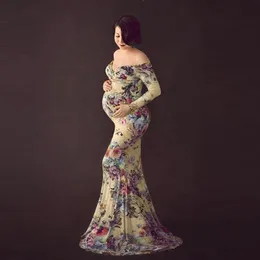 Hillsionly Maternity Dresses Kvinnor Pregnant POGGE PROPS OFF AUDS Långärmad Print Dress Vestido Emvarazada