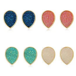 American European Fashion Womens Simple Gold Plated Waterdrop Drusy Earring 15mm Handmade Druzy Trendy Jewelry Resin Stone Stud Earring