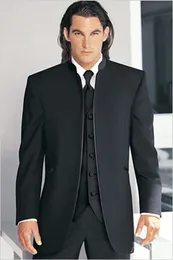 Custom Made Groomsmen Black Groom Tuxedos Mandarin Lapel Best Man Groomsmen Men Wedding Suits Bridegroom (Jacket+Pants+Tie+Vest) J38