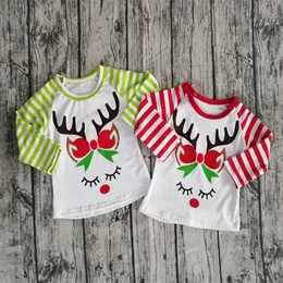 Christmas Baby Girls Clothes Autumn Girls Ruffled Sleeve T-shirts Toddler Baby Deer Head Printed Stripe Cotton Raglan Tops Kids Clothing
