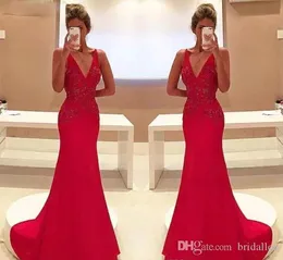 Red Mermaid Prom Dresses Długie V Neck Koronkowe Aplikacje Formalne Wieczorowe Suknie Party Suknie Wieczór Wear Robes De Soirée Abendkleider