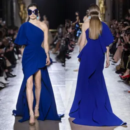 Ellie Saab Royal Blue High Low Prom Dressesワンショルダーマーメイドフォーマルドレススイープトレインスプリットイブニングガウン