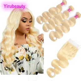 Indiska mänskliga hårbuntar med 4x4 spetslås 4 stycken / parti 613 # Blonde Virgin Hair Extensions Body Wave 8-28INCH