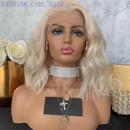 Synthetic Lace Platinum Blonde Wavy simulation Human Hair Wigs 13X4 Lace Front Wigs short Body Wave Blonde Full Lace front Wig for Women