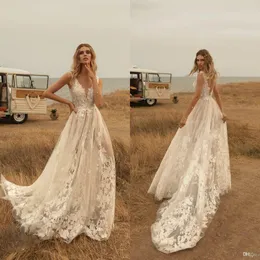 Sexy mais novo vestidos de casamento com decote em v renda appliqued vestido de noiva boho country uma linha vestido de casamento robes de marie