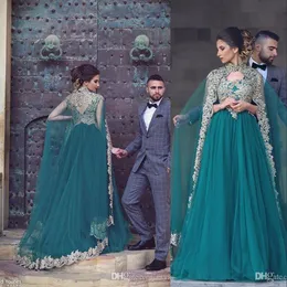 Cheap Teal Hunter Tulle Prom Dresses With Cape V Neck Lace Appliques Crystal Muslim Beaded Long Party Dress Plus Size Evening Gowns