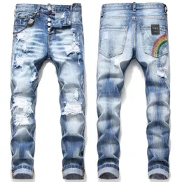 Unique Männer disstrimierte zerrissene dünne Blue Jeans Herren Mode Slim Fit Wäsche Motocycle Denimhose getäfter Hip Hop Biker Hosen 1049