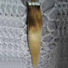 T6 / 60 Brązowy i Blondynka Dziewiczy Brazylijski Ombre Włosy Dwa Tone Taśmy w przedłużanie włosów Podwójne taśmy Wątek PU w ​​ludzkich rozszerzeniach włosów 100g