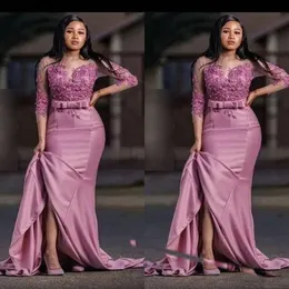 Dusty Rose Saudi Arabic Mermaid Evening Dresses Jewel Neck 3/4 Long Sleeves Mother of the bride Dress Party Prom Wear Plus Size