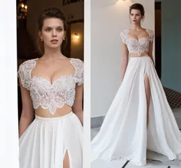 2020 Aline Two Pieces White Wedding Dresses Cap Sleeves Split Long Chiffon Bohemian Beach Bridal Gowns