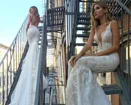 2020 Berta Mermaid Wedding Dresses Backless Sweep Train Lace Applique Illusion Sexy Bohemian Wedding Gowns Plus Size Bridal Dress Top 4438