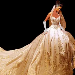 Gold Embroidered Cathedral Train Gold gown for wedding with Halter Neckline, Sweetheart Corset Back, and Gothic Style - Perfect for Your Special Day!