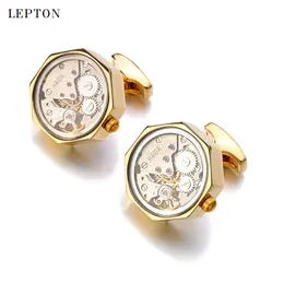 Hot Watch Movement Cuff links of Immovable With Glass Lepton Stainless Steel Steampunk Gear Watch Mechanism Cufflinks for Mens