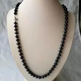 22 Inch 8-9mm Natural Tahitian Black Round Pearl Necklace 925 Silver Clasp Beaded Necklaces