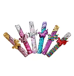 Glitter Unicorn Wristbands Sequin Slap Bracelet Kid Jewelry Fish Scales Pattern Girl Charm Jewelry Party Favors Bangle