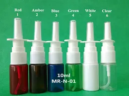 100 + 2set färgad liten tom 10 ml plast kosmetisk parfymdimma oral nasal sprayflaska med 18/410 nasal pumpsprayer