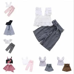 Baby Girl Kläder Tjejer Sommar Boutique Kläder Satser Lace Fly Sleeve Crop Tops Striped Pants Passar Leopard Plaid Kjolar med Belt C7212