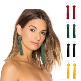 Handmade Tassel Kolczyki 5 Kolory Modne Czarne Czerwone Żółte Zielone Białe Długie Dissions Ear Broncos Silk Fringed Biżuteria dla kobiet