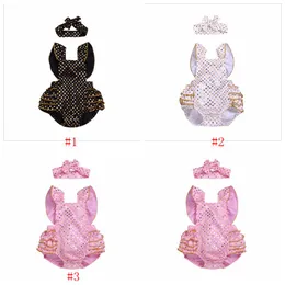 Baby girls kläder ins paillette kläder sätter rompers huvudband passar barn sommar ruffle jumpsuits fahion ärmlös bodysuit onesies py470