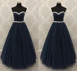 Navy Blue Plus Size Long Prom Dresses Beaded Crystal Sashes Plats Tulle Strapless Lace-up Sweet 16 Dress Quinceanera Klänningar Kvällar