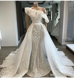 Ruffles Elegant One Shoulder Lace Wedding Dresses With Detachable Court Train Applique Mermaid Bridal Couture Engagement Dress 0505 0505