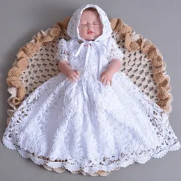 Laço branco Vestidos de Batismo 2019 New Infant Toddler Antique Vintage Baptismo Vestidos Com Bonnet Primeiro Vestido de Comunicação