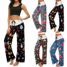 2019 Women Christmas Wide Leg Pants Deer Snowman Xmas Prints Hight Waist Loose Drawstring trousers For Party