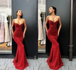 Sexy günstige rote Meerjungfrau-Abschlussball-Pailletten, glitzernde Spaghetti-Träger, rückenfreie Kleider, Abendgarderobe, Vestidos de Fiesta, besondere Gelegenheit