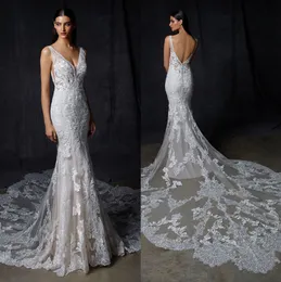 Classy Mermaid Lace Backless Wedding Dresses Sheer Plunging Neck Appliqued Bridal Gowns Plus Size Sweep Train robes de mariée