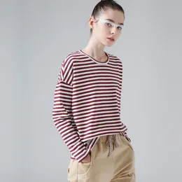 縞模様の女性T-Shirtsバットウィング長袖ストライプパターンO-NeckカジュアルTシャツ女性ティー綿エレガントな女性ティートップストレンド