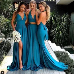 2019 turkos blå sida split brudtärna klänningar billig sexig djup v-hals öppen rygg bröllop gäst klänning formell klänning skräddarsydda kappor