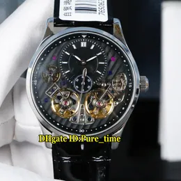 Lyxig ny 43mm Hybris Mechanica Master Double Tourbillon Steel Case Black Dial Automatic Mens Watch Läderband Gents Klockor Pure_Time