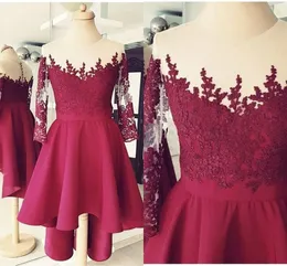 Hej Lo Långärmad Kort Prom Klänningar Billiga Burgundy Lace Satin Plus Size Party Dress Graduation Klänningar för Girls Evening Cocktail Dress