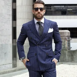 Blue Strips Groom Tuxedos Double-Breasted Men Wedding Tuxedos Peak Lapel Jacket Blazer Popular Men Dinner/Darty Suit(Jacket+Pants+Tie) 1201